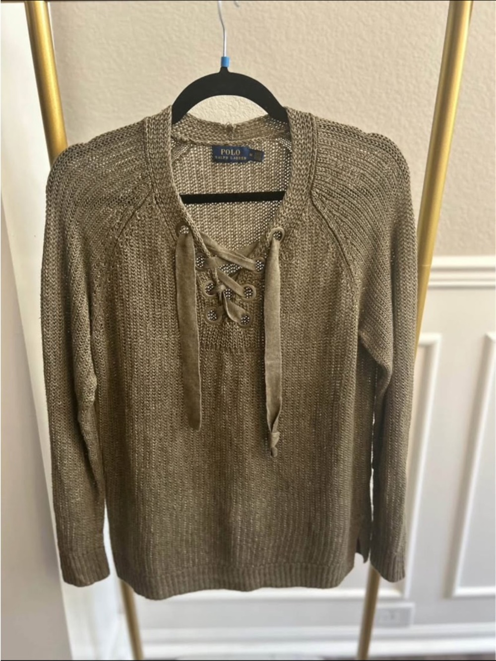 Polo by Ralph Lauren Olive Lace-Up V-Neck Sweater